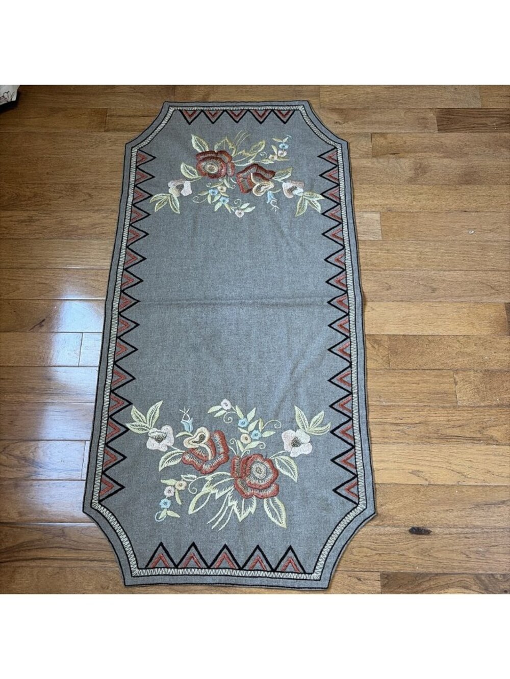 Vintage Embroidered Wool Table Runner 23X48" Floral Artsy Boho Hand Crafted OOAK